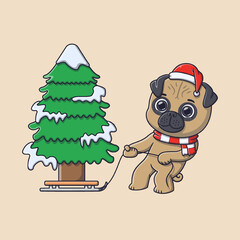 cute pug dog pulling a sled with pine tree