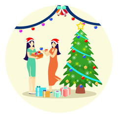Two women celebrating Christmas day. Vector illustration of people decorating Christmas tree with ball lights. christmas bells. Exchanging gifts. simple elegant dress style. Hair style is outlined.