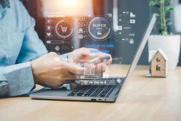 Online shopping concept, men experience real apps and smartphone screen, choose monthly and monthly promotions at home.