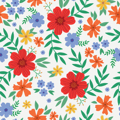 Fototapeta na wymiar Cute floral pattern. Seamless vector texture. An bright template for fashionable prints. Print with red and blue flowers,green leaves. white background.