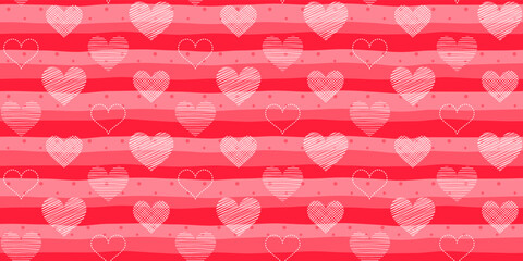 White hearts with different textures on a red striped background with dots. Valentine`s day and wedding endless texture. Vector seamless pattern for wrapping paper, packaging, giftwrap, cover or print