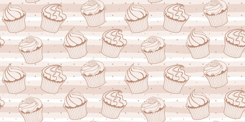 Different muffin with cream on a light brown striped background with polka dots. Endless texture with cupcakes. Vector seamless pattern for bakery, cafe, sweet shop, pastry shop, confectionery, print