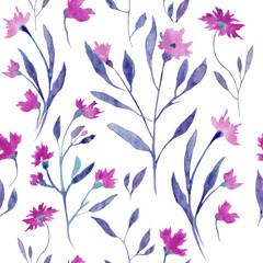 Fototapeta na wymiar Watercolor seamless pattern with abstract purple flowers, green leaves, branches. Hand drawn floral illustration isolated on white background. For packaging, wrapping design or print. Vector EPS.