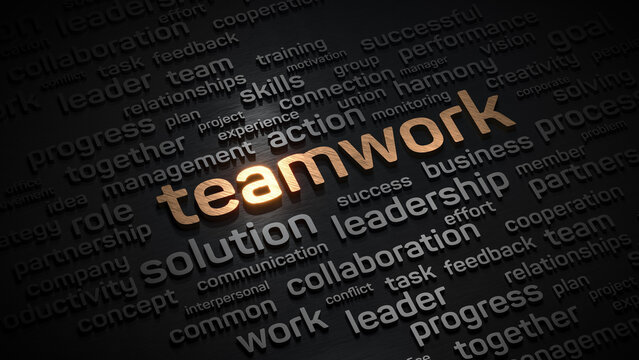 teamwork concept made by motivational words cloud in black and golden colors 3d render