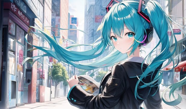 A beautiful blue haired girl in city