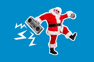 Collage photo banner of senior saint nicholas wear red costume hold discoball vintage cassette...