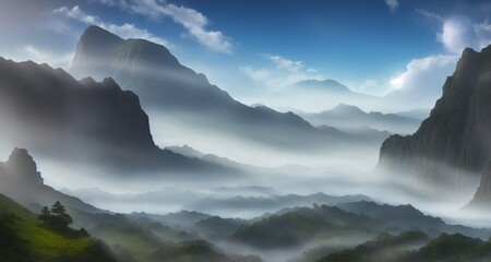 Obraz premium a beautiful scenery of foggy mountains waterfall sunray 