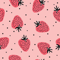 Simple berry pattern. red  strawberries and black dots. Light pink background. Fashionable print for children's textiles and packaging.