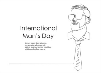 Continuous One line drawing of  man face and lettering International Men's Day. Concept Men's Day card Continuous line style. 