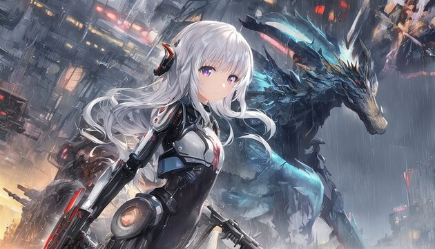 a beautiful silver haired girl with a cyborg dragon cyberpunk city