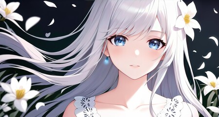 portrait of a beautiful girl with white hair and white clothing surrounded by flowers, anime style