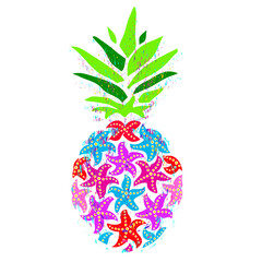 Pineapple vector illustration. Colorful starfish pineapple on a black background. Marine theme, illustration for t-shirt design, greeting card, invitation.