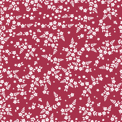 Cute floral pattern. Seamless vector texture. An elegant template for fashionable prints. Print with small white flowers and  leaves.  burgundy background.
