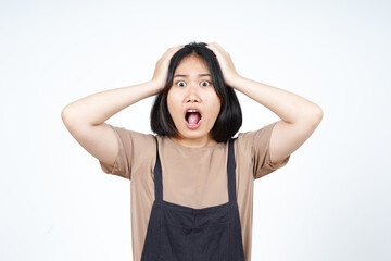 Hands on head with Shock Face Expression Of Beautiful Asian Woman Isolated On White Background