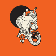 fight between tiger and snake. Angry reptile coiled the big cat. Graphic style vector illustration. Tattoo