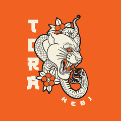 fight between tiger and snake. Angry reptile coiled the big cat. Graphic style vector illustration. Tattoo