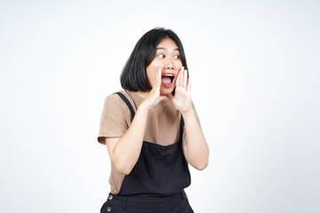 Announcement with hands over mouth Of Beautiful Asian Woman Isolated On White Background