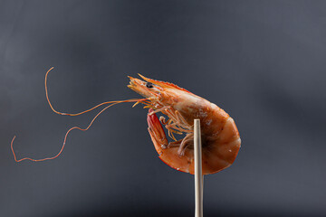 Roasted shrimp on black background