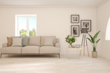 White living room with sofa. Scandinavian interior design. 3D illustration