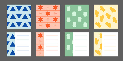 Christmas note paper. Holiday stickers. Set of cards for design. New Year's notes. 