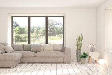 White living room with sofa and summer landscape in window. Scandinavian interior design. 3D illustration