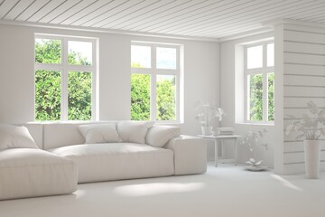 Mock up of stylish room in white color with sofa and green landscape in window. Scandinavian interior design. 3D illustration