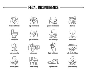 Fecal Incontinence symptoms, diagnostic and treatment vector icon set. Line editable medical icons. - obrazy, fototapety, plakaty