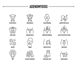 Adenomyosis symptoms, diagnostic and treatment vector icon set. Line editable medical icons.