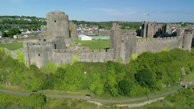 Aerial view of the ruins of an ancient Norman era castle (Pembroke)