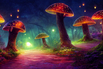 Fairytale forest in the foggy night with mushrooms, fireflies and trees. 3d rendering, digital illustration, artwork.
