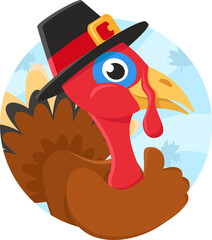 Turkey bird in a hat shows like. Thanksgiving character