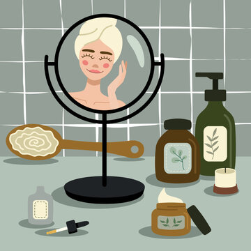 Girl look at the mirrow and skincare. Cosmetic bottles elements. Bath room and beauty table. 