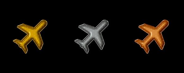 airplane golden silver and bronze Foil helium balloon icon set
