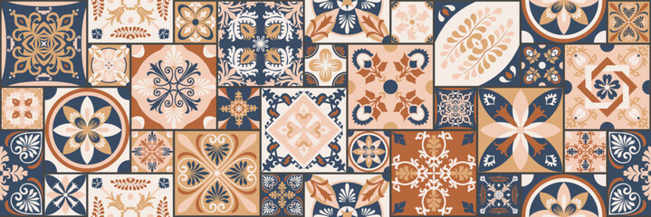 Set of patterned azulejo floor tiles. Abstract geometric background. Vector illustration, seamless mediterranean pattern. Portuguese floor tiles azulejo design. Floor cement talavera tiles collection