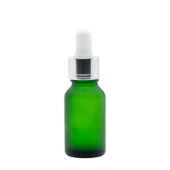 Green glass dropper serum bottle on white background, Mock up for cosmetic product design