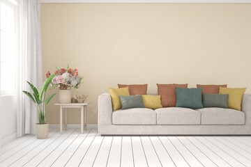 White living room with sofa. Scandinavian interior design. 3D illustration