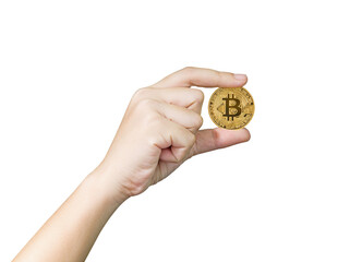 Finger hold bitcoin golden on white isolated,Hand hold gold bitcoin money concept - 546284955