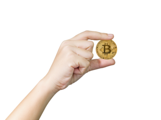 Finger hold bitcoin golden on white isolated,Hand hold gold bitcoin money concept