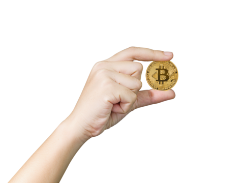 Finger hold bitcoin golden on white isolated,Hand hold gold bitcoin money concept