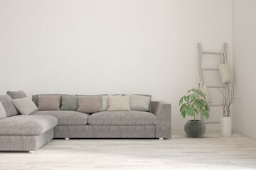 White living room with sofa. Scandinavian interior design. 3D illustration