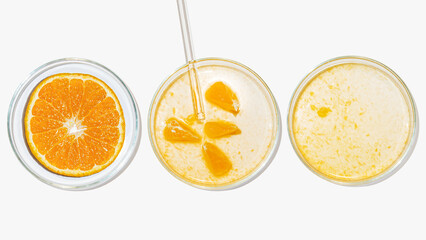 Petri dishes with orange research. Cut orange, research in the laboratory. Bioengineering, laboratory.