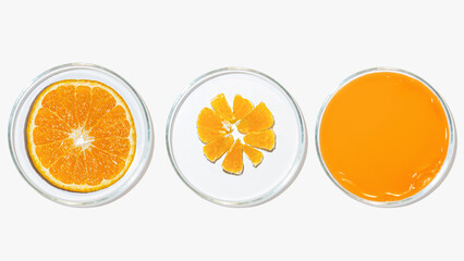 Petri dishes with orange research. Cut orange, research in the laboratory. Bioengineering,...