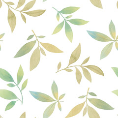 Seamless watercolor floral pattern. composition of green leaves and branches on a white background. suitable for the design of wrappers, wallpapers, wedding invitations, cards, greeting cards.