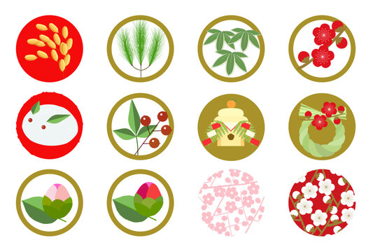 Round icon set of Japanese New Year's decorations