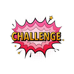 Comic speech bubbles with text challenge. Vintage cartoon illustration. Symbol, sticker tag, special offer label, advertising badge. Vector stock illustration