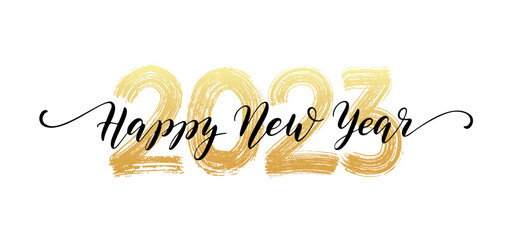 Fototapeta 2023 HAPPY NEW YEAR script text hand lettering. Design template Celebration typography poster, banner or greeting card for Merry Christmas and happy new year. Vector Illustration obraz