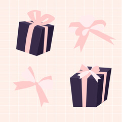 A hand-drawn gift in a purple package with a pink bow. Vector image on the background of a checkered notebook.