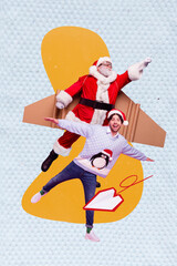 Collage photo of excited people jumping flying air man wear ugly penguin sweater old santa claus...