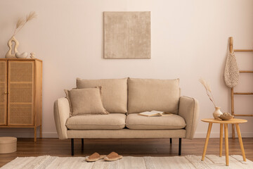 Creative composition of living room interior with mock up poster frame, beige sofa, round wooden...