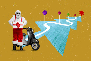 Artwork magazine collage picture of excited funky santa delivering moped x-mas presents isolated drawing background
